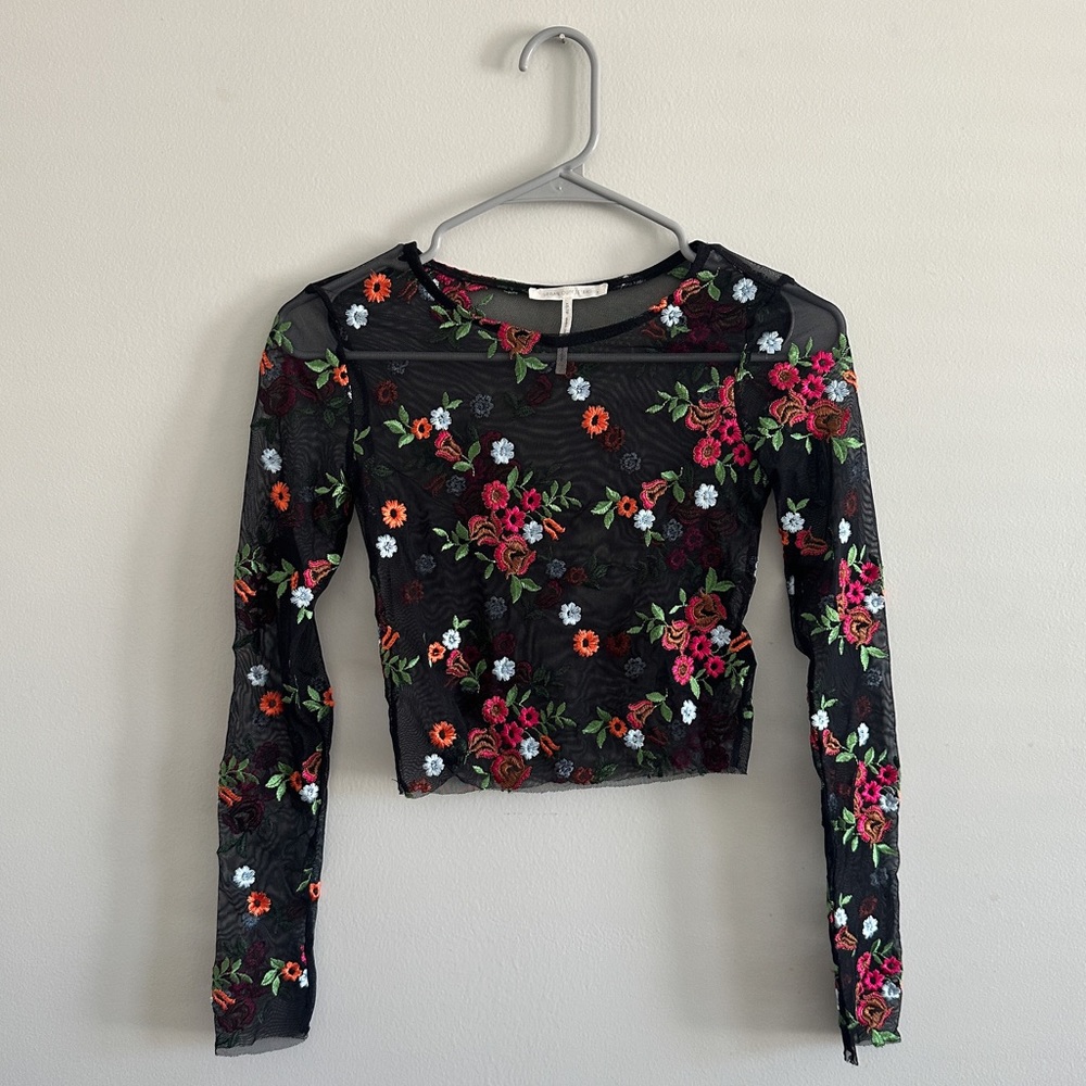 Urban Outfitters Black Sheer Embroidered Floral Top